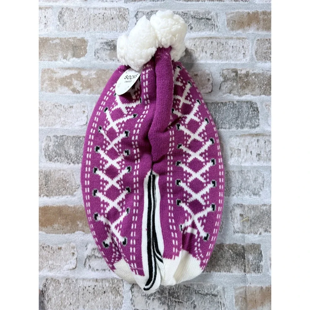 Magenta Purple Sneaker Lace Up Slipper Socks Sherpa Lined Non Slip One Size‎ NEW